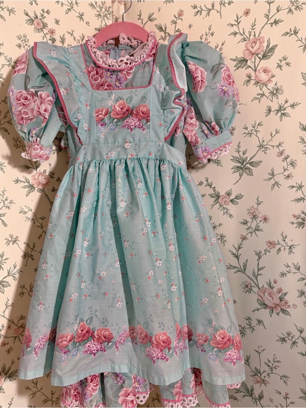 daisy Kingdom vintage Girls' Aqua Floral Puff-Sleeve Dress with Rose Trim